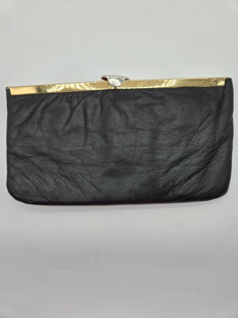 Vintage USA Black Faux Leather Clutch Handbag Gold Frame Evening Bag